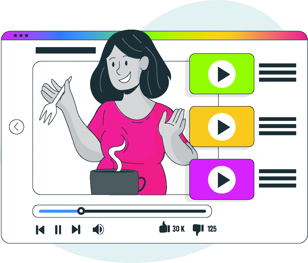 Ilustração de uma mulher dentro do quadro de um vídeo em uma página de navegador